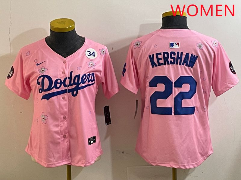 Women Los Angeles Dodgers #22 Kershaw Pink White Blue Sakura Edition 2025 Nike MLB Jersey style 8